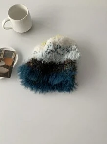 1入組女士彩虹撞色織物漁夫帽,配毛球修飾,韓國ins博主風格,適合日常穿著可愛 - 藏蓝色 - 查看 5