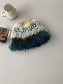 1入組女士彩虹撞色織物漁夫帽,配毛球修飾,韓國ins博主風格,適合日常穿著可愛 - 藏蓝色 - 查看 3