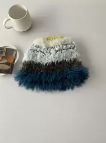 1入組女士彩虹撞色織物漁夫帽,配毛球修飾,韓國ins博主風格,適合日常穿著可愛 - 藏蓝色 - 查看 1