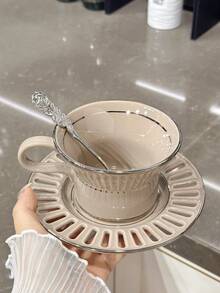 1 Pieza De Taza De Café De Cerámica De Alta Gama De 180 Ml Con Plato Y Cuchara - Para Mujer/oficina/té De La Tarde - Albaricoque - Ver 3