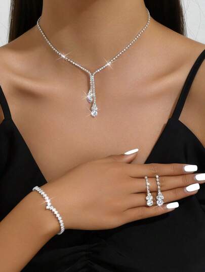 Korean Style Bridal Jewelry Set, 4pcs/Set Rhinestone Necklace, Earrings, Bracelet For Wedding Dress, Simple Design Accessories Party