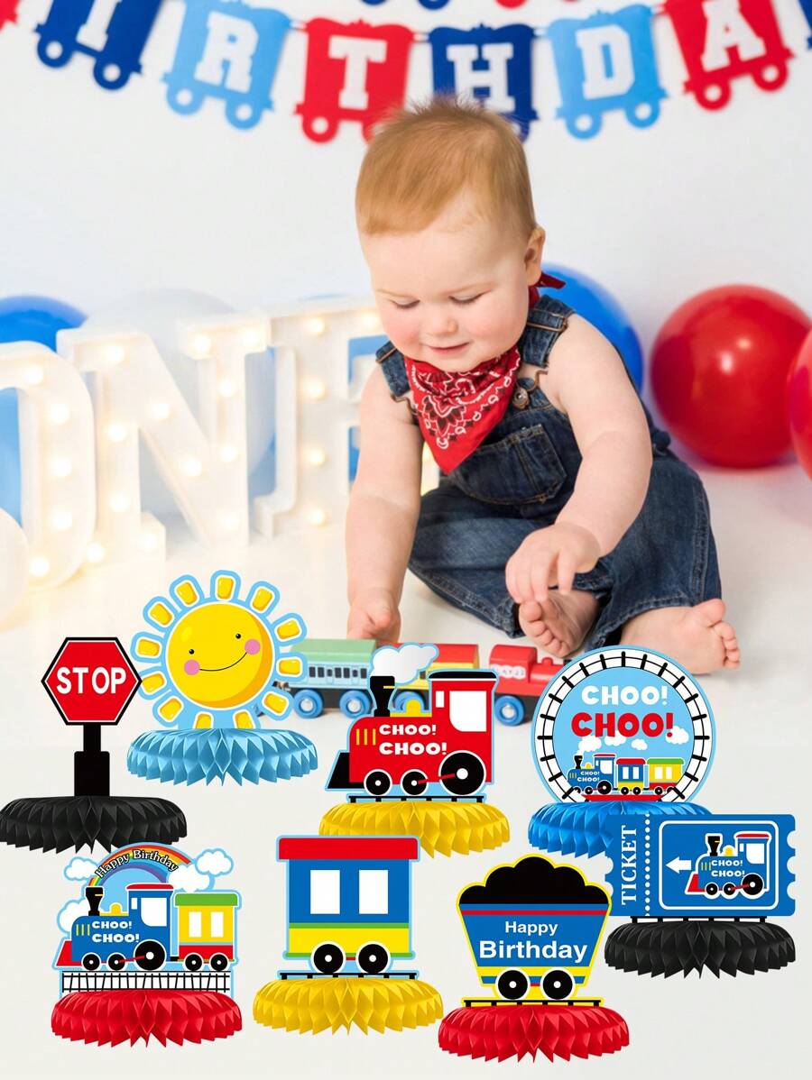 8pcs Railroad Crossing Party Decorations Set Including Honeycomb Centerpieces, Train Cutouts, Table Sign, Photo Booth Props - Multicolor - View 1