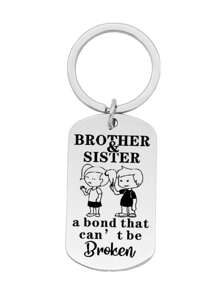 1pc Unisex Stainless Steel Keychain With Brother And Sister Lettering, Birthday Gift For Family - Silver - View 1