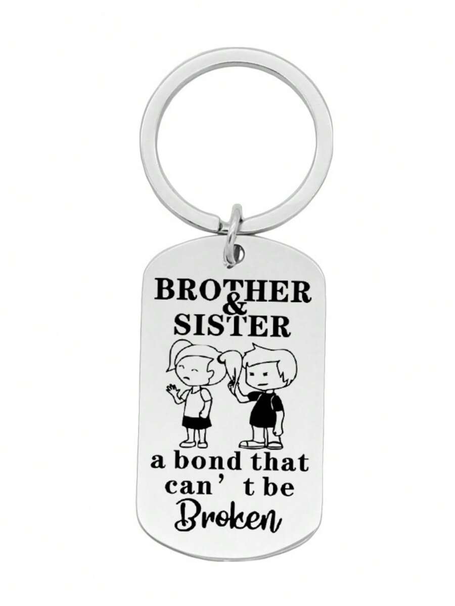 1pc Unisex Stainless Steel Keychain With Brother And Sister Lettering, Birthday Gift For Family - Silver - View 1
