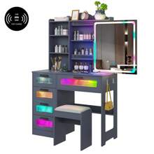 HNEBC RGB LED Vanity Desk With Mirror And Lights, Makeup Vanity Desk With 3-In-1 Charging Station, Vanity Set Including Stools Has Dazzling Lights, Makeup Dressing Table With 5 Drawers - Grey - View 8