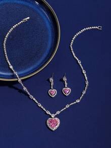 3 件時尚經典女士珠寶套裝心形吊墜項鍊和耳環套裝豪華方晶鋯石婚禮派對珠寶套裝女士 - 套裝 - 查看 5