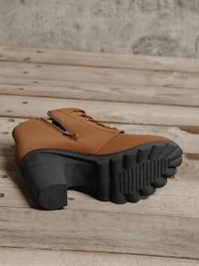 Elegant Women's Booties With Buckle Decor, Lace-up Front, Side Zipper And Chunky Heels - Brown - View 7