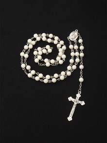 1 件欧美风格复古和圣母玛利亚主题人造珍珠长串珠项链，男女通用毛衣链，适合时尚搭配