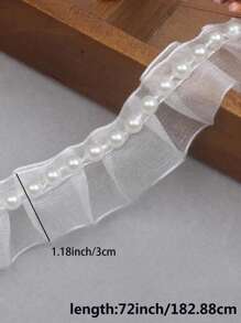1roll 72 Inch Polyester DIY Lace Webbing, Faux Pearl Decor Ruffle Trim Webbing Lace For Sewing - White - View 2