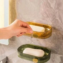 1入組具有排水口的雙層塑料肥皂盤,橙色豪華橢圓形狀,無痕壁掛式浴室肥皂架