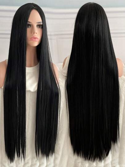 40吋女用黑色超長直髮合成假髮,中間無瀏海,適合於萬聖節派對cosplay