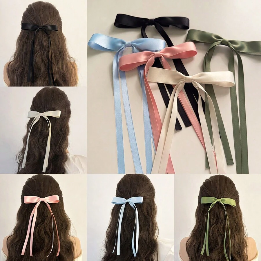 1入裝女士多色芭蕾風格布製蝴蝶結髮夾,配有絲帶流蘇,甜美優雅的馬尾辮髮飾,韓式頂夾款式 - 彩色 - 查看 1