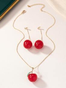 Boucles d'oreilles rétro à la mode, jolies et grandes cerises rouges, et grand collier de cerises pour tenues de bureau, vacances, dîner et fête. Idéal comme cadeau.