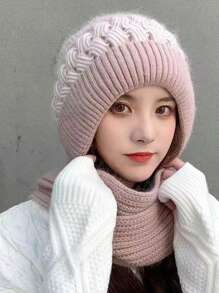 1 件女式冬季無簷小便帽圍巾套裝,保暖針織耳蓋帽和圓形圍巾多合一 - 米色 - 查看 6