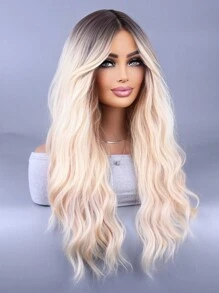 漸層金發假髮帶劉海長款金發假髮適合女士長款波浪狀的金發漸層假髮合成纖維耐熱纖維假髮適用於日常26英寸 - 間色 - 查看 2