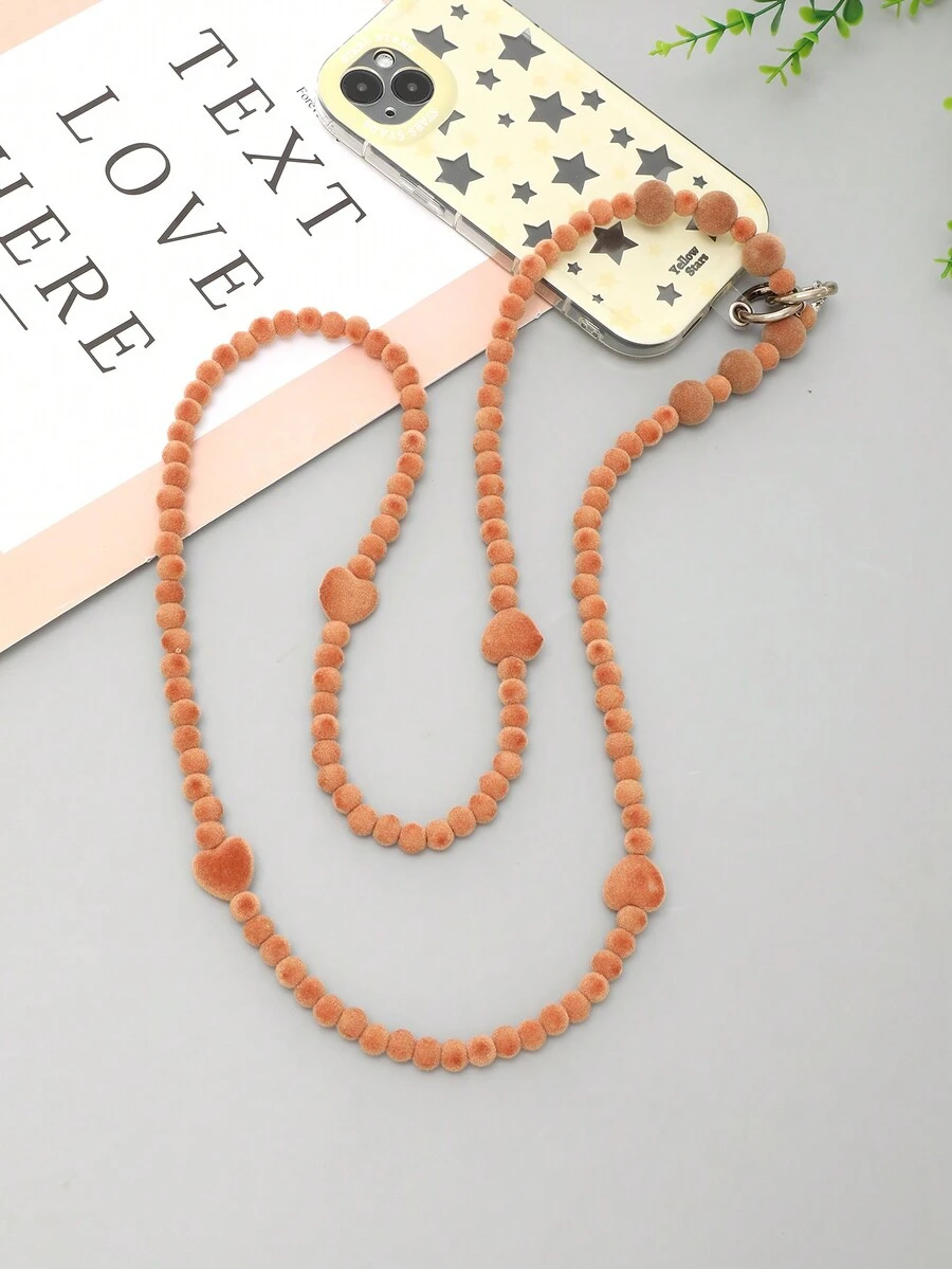 1入組多彩絨毛珠飾心型長掛手機掛繩