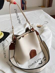 秋冬新品 1 件时尚拼色单肩手提水桶包，适合女性日常使用、约会和送礼 - 米色 - 查看 3