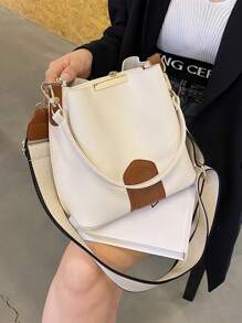 秋冬新品 1 件时尚拼色单肩手提水桶包，适合女性日常使用、约会和送礼 - 米色 - 查看 1