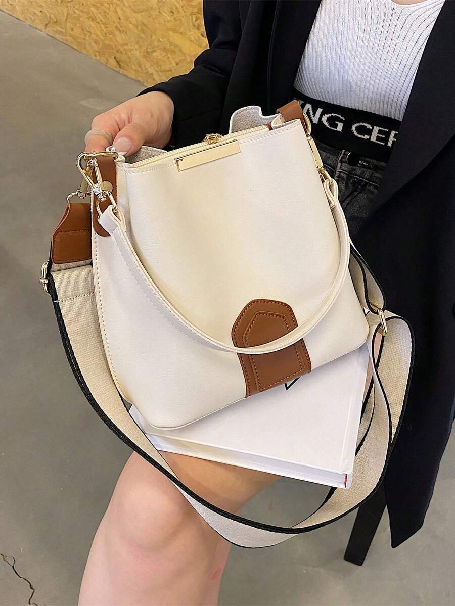 秋冬新品 1 件时尚拼色单肩手提水桶包，适合女性日常使用、约会和送礼 - 米色 - 查看 1