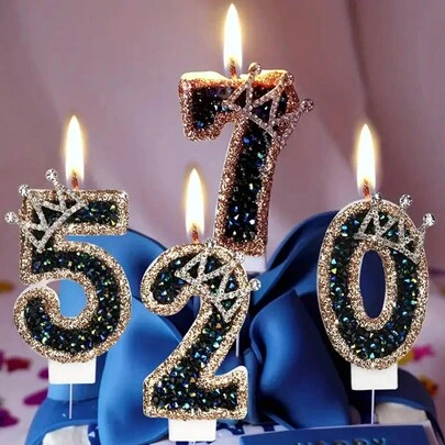 1 件黑色水钻皇冠形生日蛋糕装饰，带有生日快乐数字和粉末，