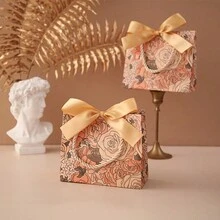 2入組香檳色精美印花禮品袋,配有手柄和絲帶,非常適合做假日派對婚禮等贈品袋子