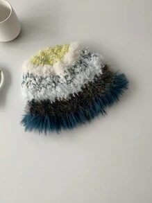 1入組女士彩虹撞色織物漁夫帽,配毛球修飾,韓國ins博主風格,適合日常穿著可愛 - 藏蓝色 - 查看 2