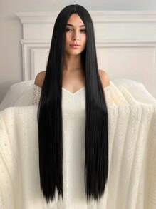 40吋女用黑色超長直髮合成假髮,中間無瀏海,適合於萬聖節派對cosplay