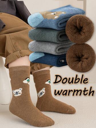 5 Pairs Toddler Boys' Thick Wool Blend Socks, Cute Bear & Letter Print, Green/Blue/Gray, Elastic Cuff, Warm & Cozy For Autumn/Winter, Versatile For Casual, Sports, Leggings