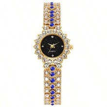 Ladies' Gold Tone Watch With Rhinestone-Encrusted Strap For Daily Wear - Black - View 1