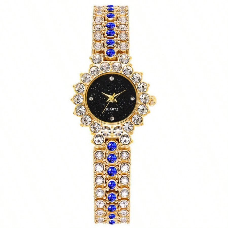 Ladies' Gold Tone Watch With Rhinestone-Encrusted Strap For Daily Wear - Black - View 1