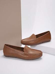 女士拼接设计柔软轻便平底乐福鞋，低鞋面超软棕色 PU 休闲鞋，春/秋 - 棕色 - 查看 5