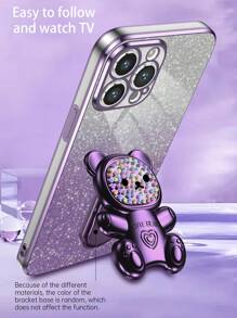 紫色新款电镀工艺防摔手机壳+闪粉卡纸+彩绘糖熊全电镀隐形支架+全套手机壳+适用于苹果、OPPO、VIVO
