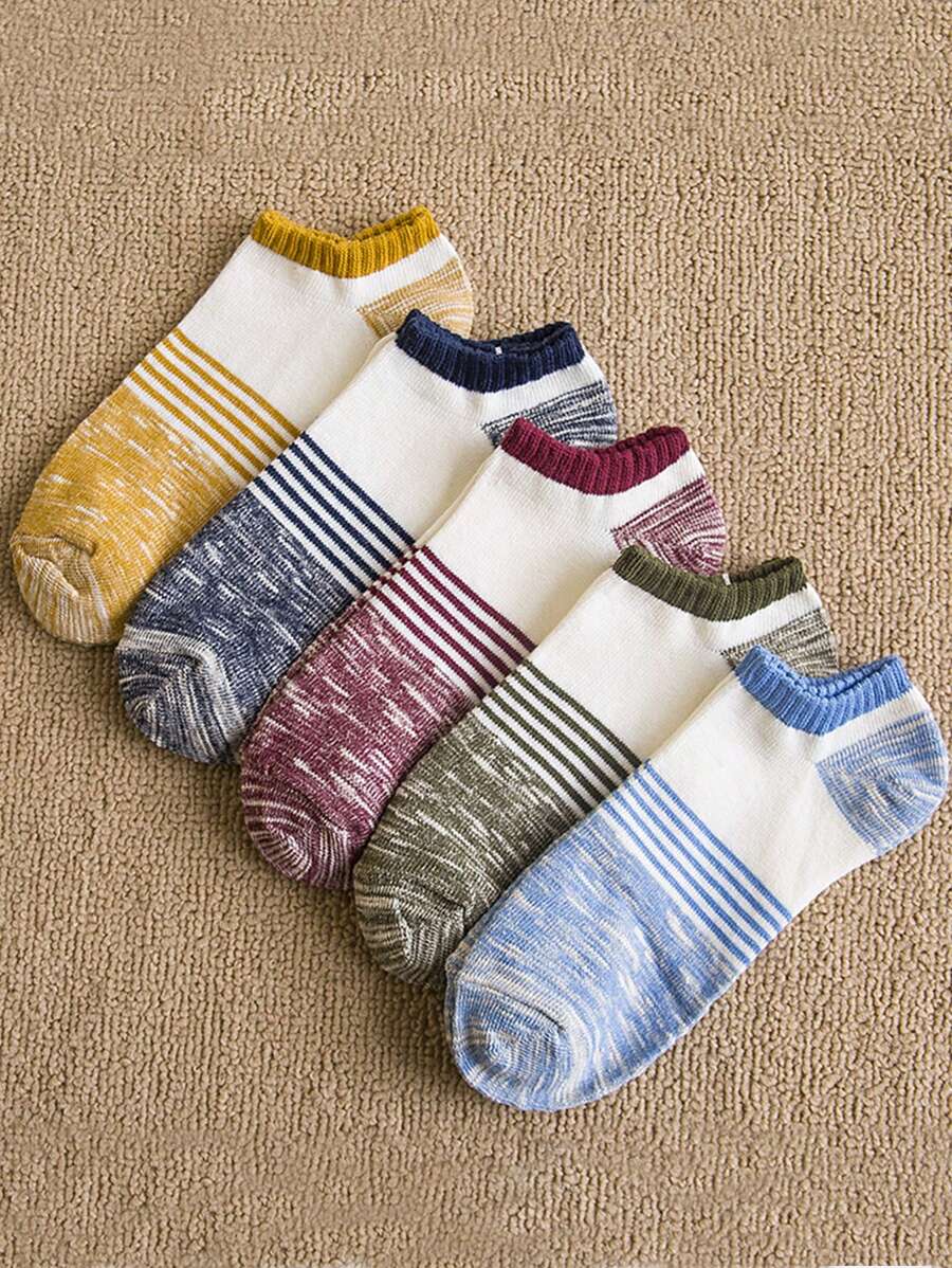 5pairs Men's Thick Winter Short Socks With Striped & Colorblock Design - Multicolor - View 1