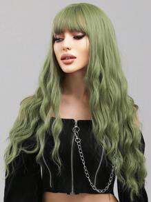 Water Wave Wigs With Bangs Green Color 28 Inch Heat Resistant Fiber Long Wavy Deep Wave Synthetic Wigs For Women Party Daily Used - Green - View 5