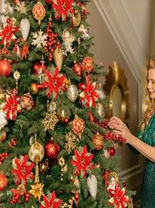 10Pcs/Set Flower Design Christmas Tree Decoration,Christmas Wreath Christmas Tree Flowers Ornaments, For Xmas Party,Wedding,Suitable For Christmas Tree Decoration And Holiday Party Decoration,Christmas