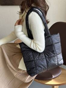 2023年秋冬季韓式拼接設計大容量手提包 - 黑色 - 查看 4