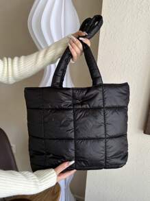 2023年秋冬季韓式拼接設計大容量手提包 - 黑色 - 查看 3