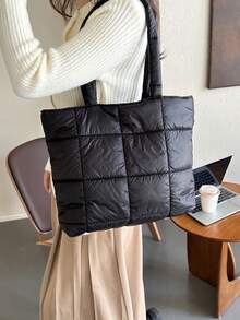 2023年秋冬季韓式拼接設計大容量手提包 - 黑色 - 查看 2