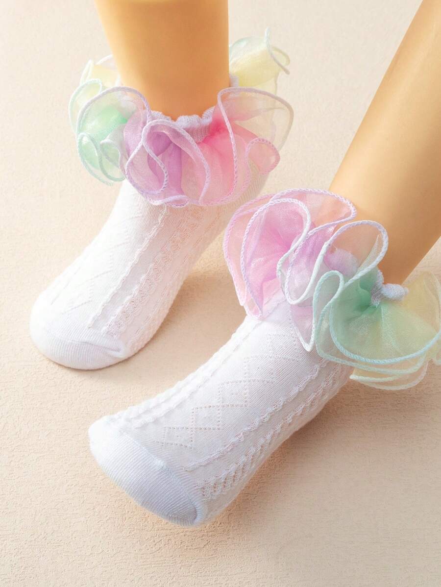 1 双婴儿/女孩网眼蕾丝边袜子，舞蹈短袜 - 彩色 - 查看 1