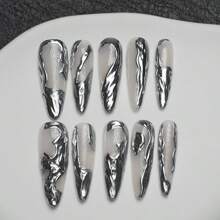 Y2K Artificial Full Cover Diy Shiny Fake Nails Set (10pcs/Bag) With Tool Kit For Women, Including Long Pointed Shape Handmade Nail Set. The Creamy White Metallic Material Plate Comes With Asymmetric Three-Dimensional Metallic Design, Suitable For Daily And Party Wear. Press On Nails Nail Supplies