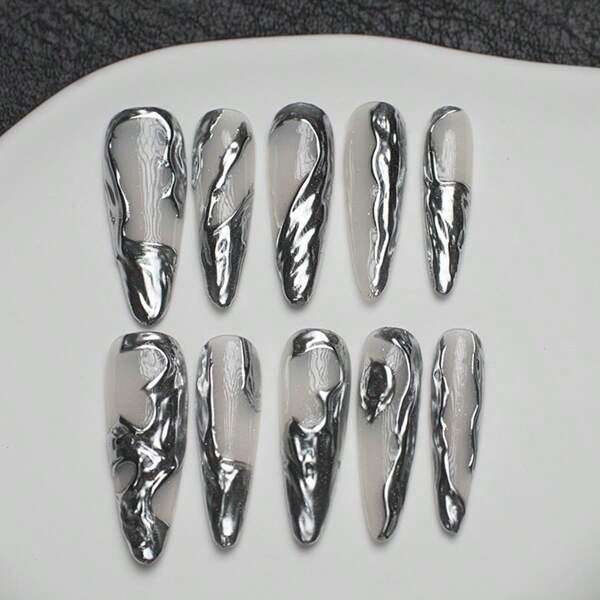 Y2K Artificial Full Cover Diy Shiny Fake Nails Set (10pcs/Bag) With Tool Kit For Women, Including Long Pointed Shape Handmade Nail Set. The Creamy White Metallic Material Plate Comes With Asymmetric Three-Dimensional Metallic Design, Suitable For Daily And Party Wear. Press On Nails Nail Supplies