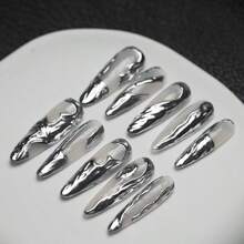 Y2K Artificial Full Cover Diy Shiny Fake Nails Set (10pcs/Bag) With Tool Kit For Women, Including Long Pointed Shape Handmade Nail Set. The Creamy White Metallic Material Plate Comes With Asymmetric Three-Dimensional Metallic Design, Suitable For Daily And Party Wear. Press On Nails Nail Supplies