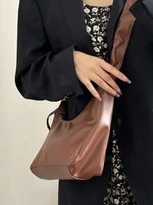 韩国时尚百搭女学生通勤风格优质软皮可调节肩带褶皱云设计大容量单肩包春夏法式腋下或斜挎包适合休闲、校园、派对、礼物 - 棕色 - 查看 6