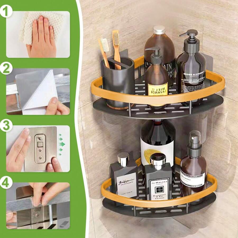 1 Giá để đồ góc tắm dính chắc chắn, giá để đồ phòng tắm, nhà bếp, giá để đồ phòng tắm bằng nhôm chống gỉ - Vàng - Xem 1