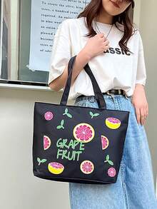 1pc Large Capacity Fashionable Lovely Grapefruit Printed Solid Color Handbag Suitable For Women's Daily Use - Black - View 2