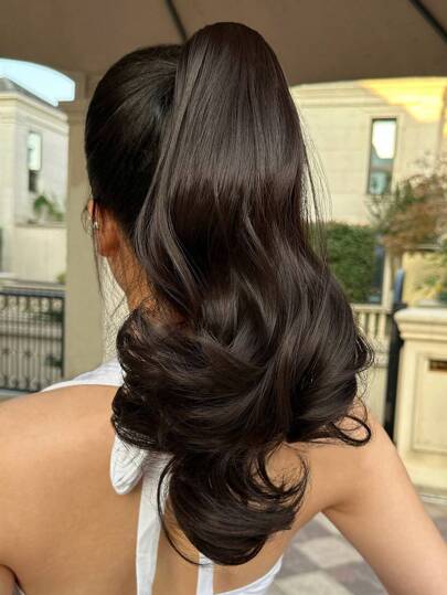 Ponytail Extension,Hair Extension Ponytail 14" short Claw Hair Extension Synthetic Wavy Clip in Ponytail Wig Daily Fluffy Pony Tail for Women(Black brown)