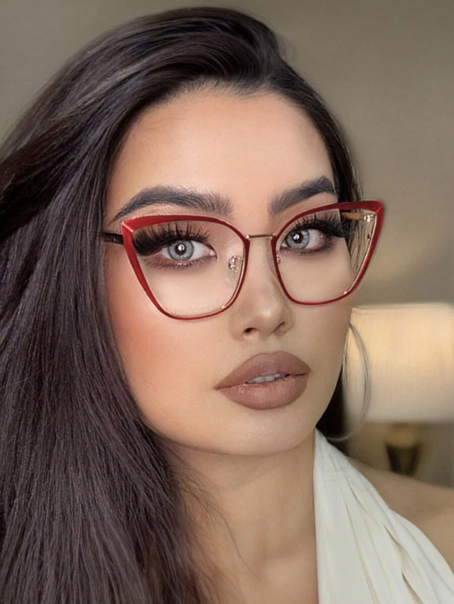 1 件装猫眼不锈钢弹簧臂女士休闲时尚眼镜 - 紅色 - 查看 1