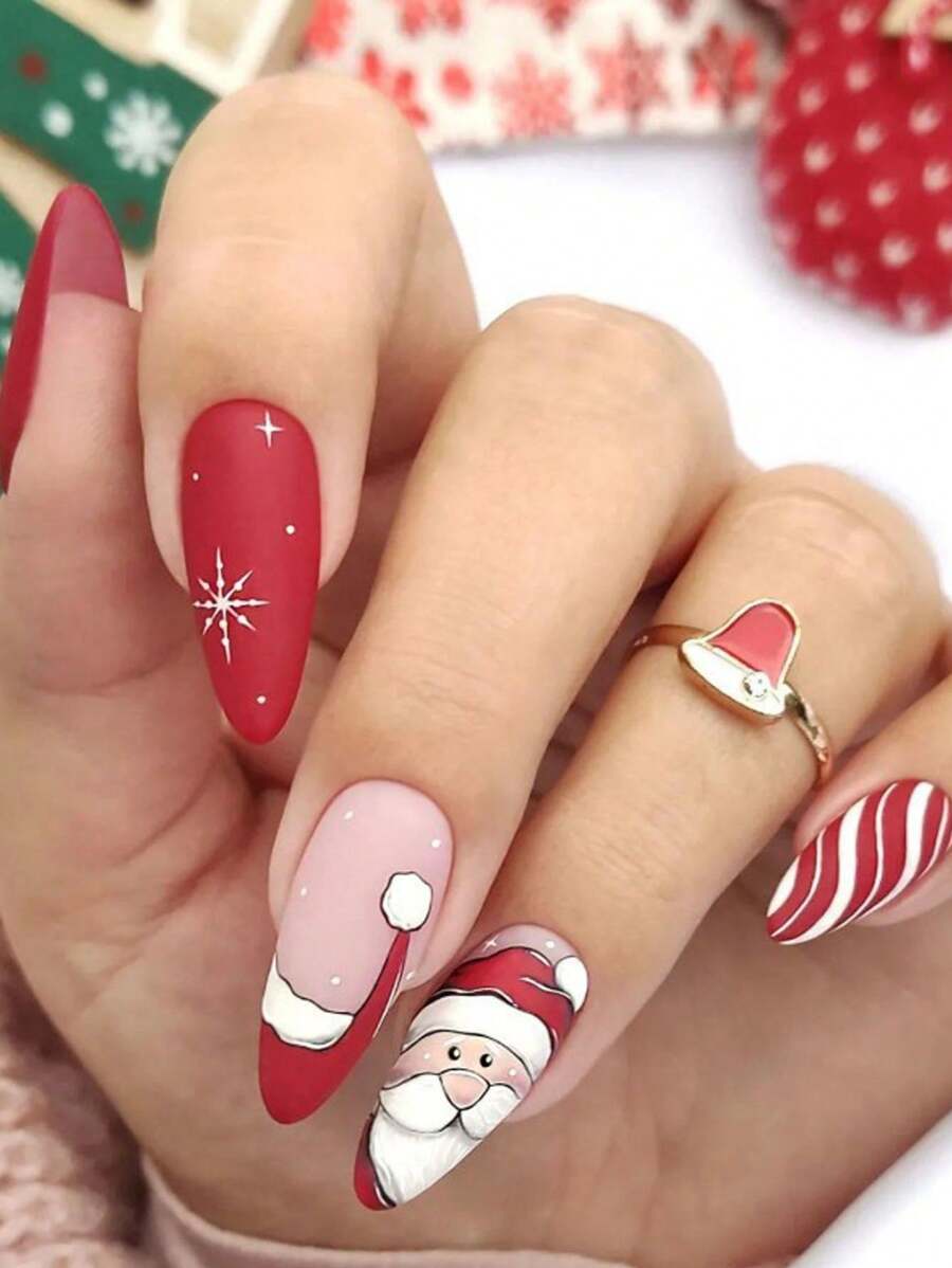 24入組新版長杏仁形紅色聖誕主題美甲貼紙+1支果凍膠+1個美甲文件套裝,秋冬季節 - 彩色 - 查看 1