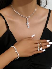 Korean Style Bridal Jewelry Set, 4pcs/Set Rhinestone Necklace, Earrings, Bracelet For Wedding Dress, Simple Design Accessories Party