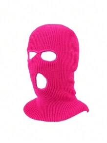 1頂女式冬季針織帽,帶有三個孔的滑雪面罩,純色保暖帽 - 玫紅色 - 查看 2